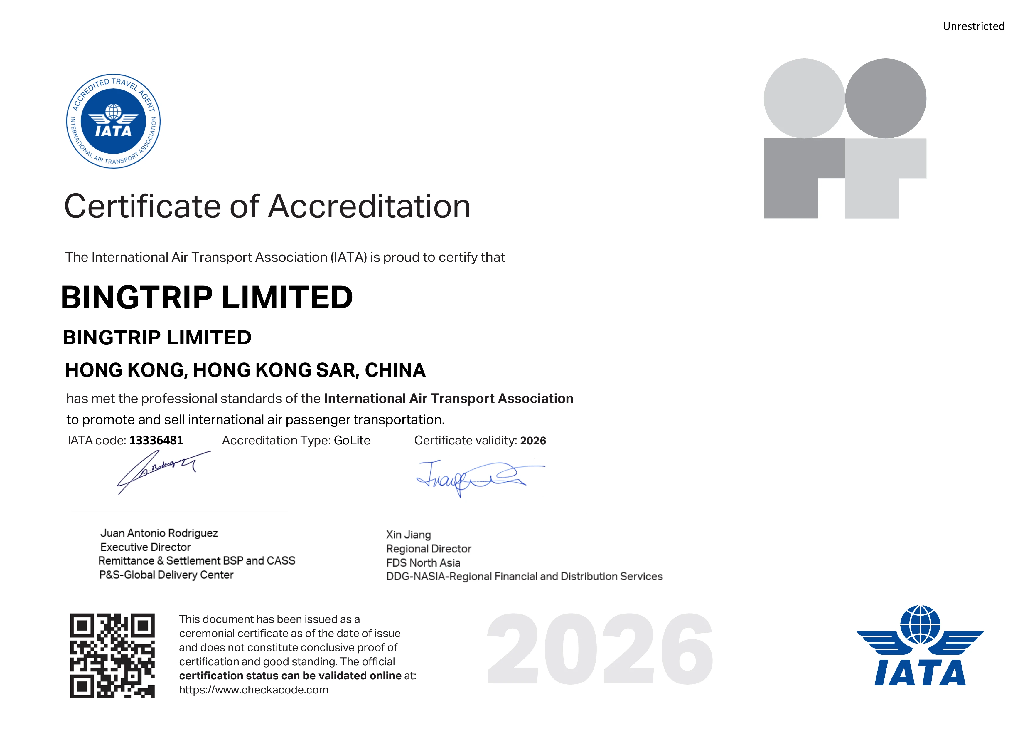 IATA Certificate of Accreditation - Bingtrip Limited